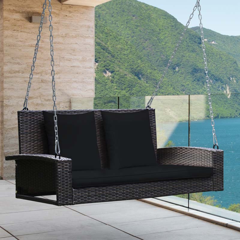 2-Person Rattan Wicker Outdoor Patio Hanging Porch Swing Bench Chair with Sturdy Steel Chain & Cushions