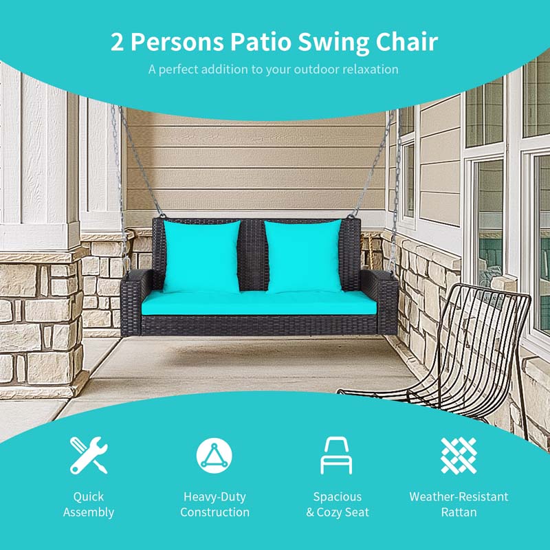 2-Person Rattan Wicker Outdoor Patio Hanging Porch Swing Bench Chair with Sturdy Steel Chain & Cushions