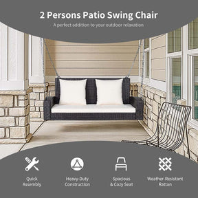 2-Person Rattan Wicker Outdoor Patio Hanging Porch Swing Bench Chair with Sturdy Steel Chain & Cushions