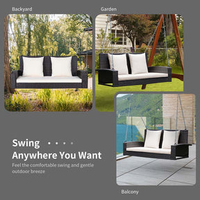 2-Person Rattan Wicker Outdoor Patio Hanging Porch Swing Bench Chair with Sturdy Steel Chain & Cushions