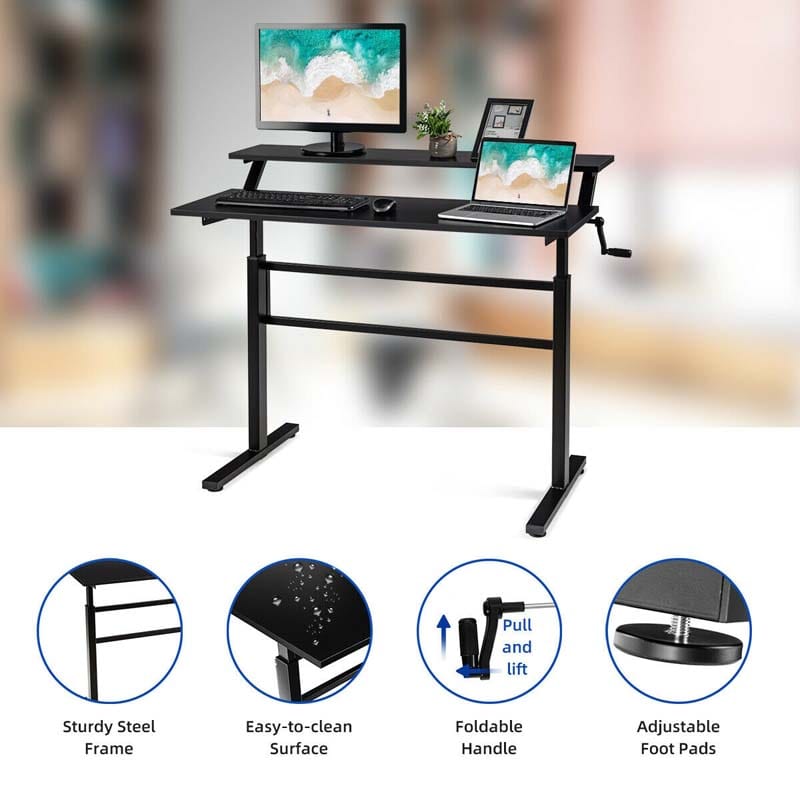 2-Tier Standing Desk, Height Adjustable Sit Stand Up Desk, Computer Desk Workstation with Monitor Stand & Foldable Crank Handle