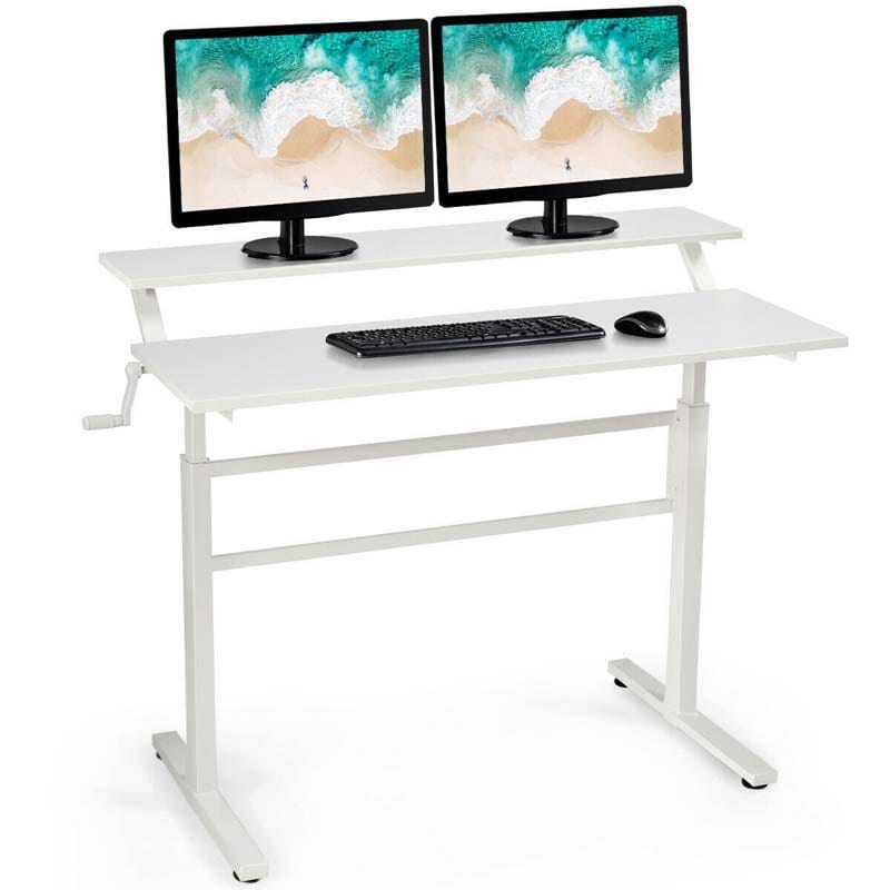 2-Tier Standing Desk, Height Adjustable Sit Stand Up Desk, Computer Desk Workstation with Monitor Stand & Foldable Crank Handle