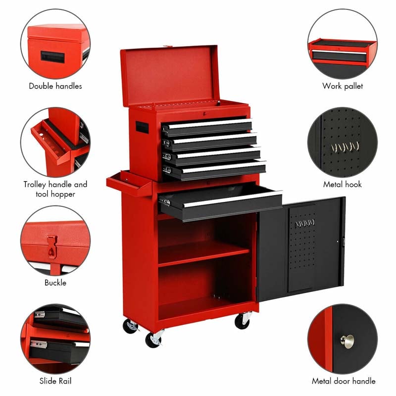 5-Drawer Rolling Tool Chest Removable Tool Storage Cabinet Metal Toolbox Organizer with Lock