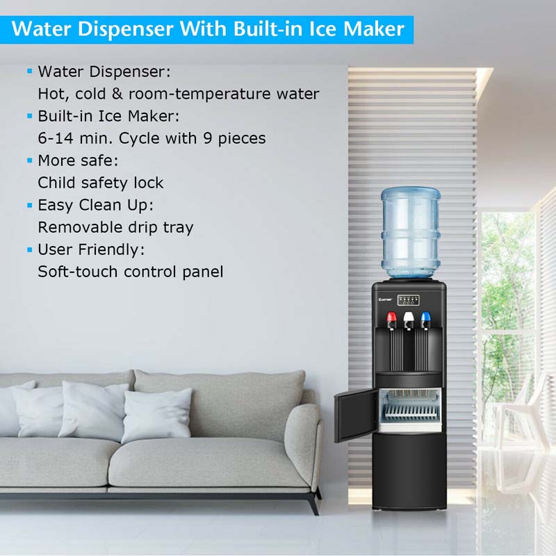 2-in-1 Top Loading Water Dispenser Built-In Ice Maker, 27LBS/24H Ice Machine with Child Safety Lock