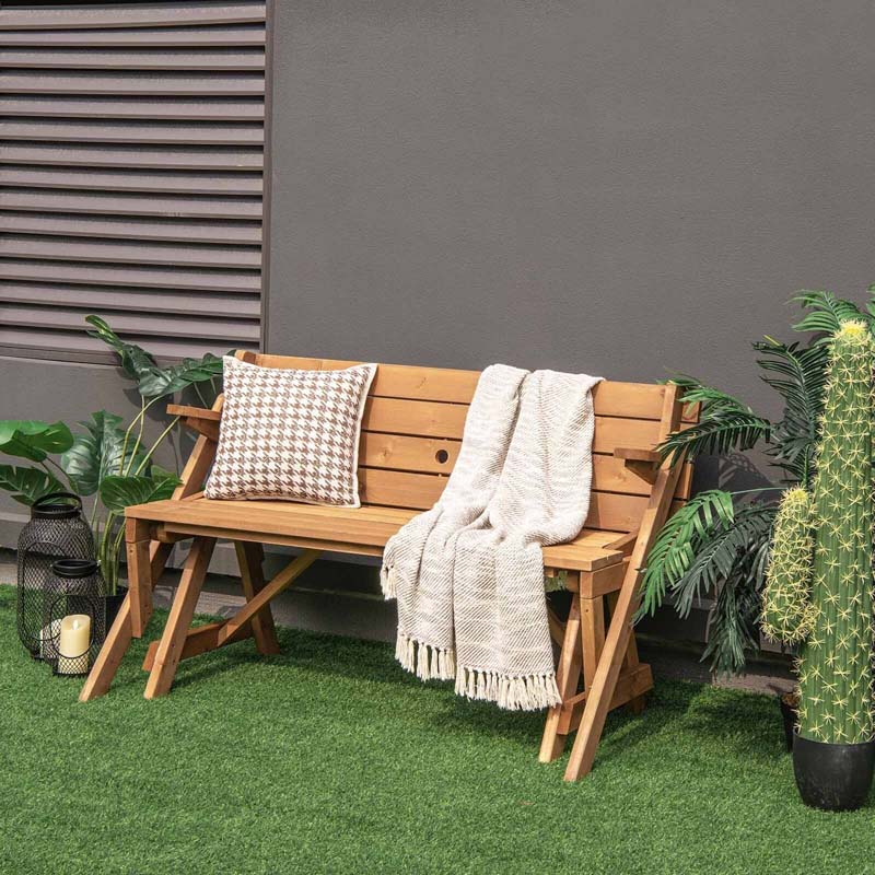 2-in-1 Convertible Wooden Picnic Table Garden Bench, Outdoor Folding Picnic Bench Set with Umbrella Hole