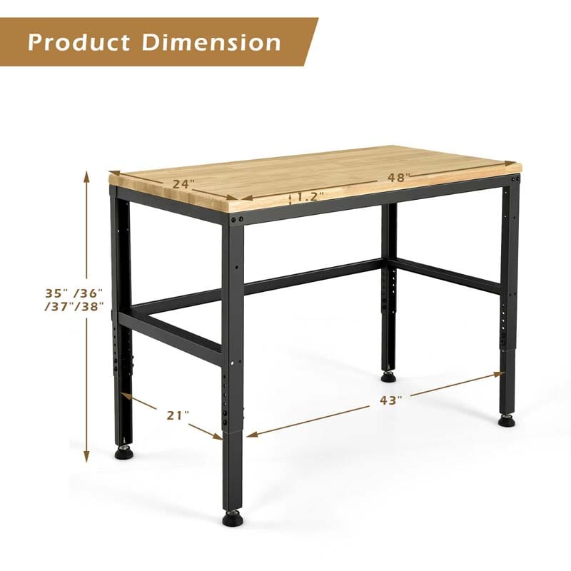 48" Adjustable Workbench Oak Wood Work Table 1760 LBS Heavy-Duty Workstation for Garage Workshop