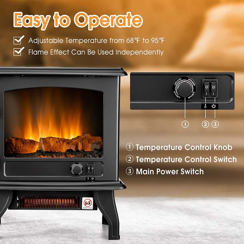 20" Freestanding Electric Fireplace Stove Heater, 1400W Portable Space Heater with Realistic Flame Effect