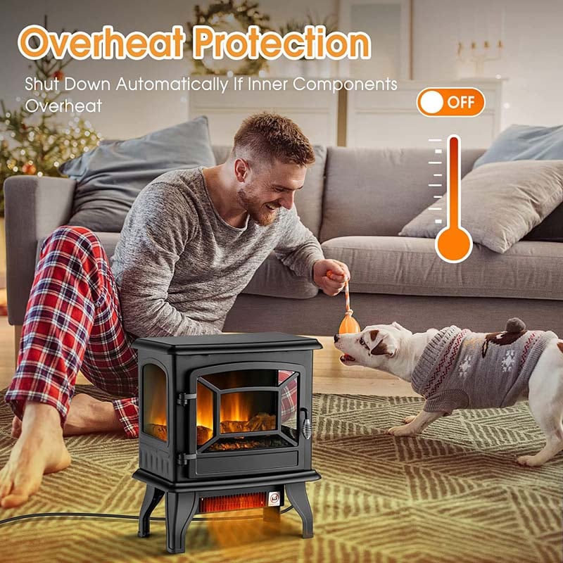 20" Freestanding Electric Fireplace Stove Heater, 1400W Portable Space Heater with Realistic Flame Effect