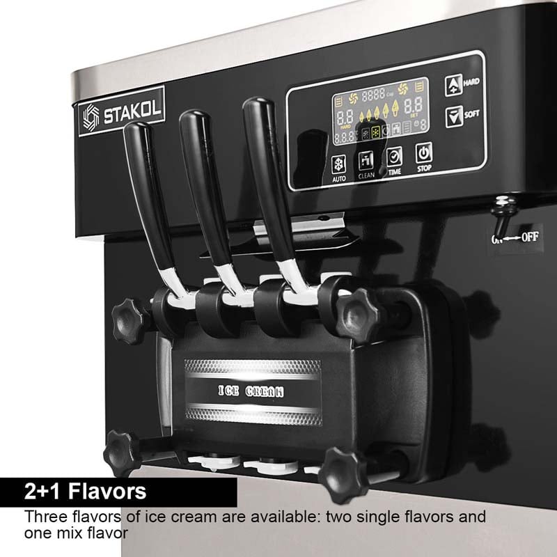 2200W Commercial Ice Cream Maker 3 Flavors 5.3-7.4 Gallon/H Soft Serve Ice Cream Machine