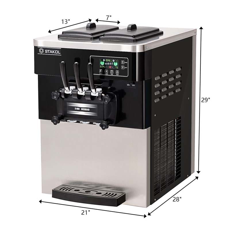 2200W Commercial Ice Cream Maker 3 Flavors 5.3-7.4 Gallon/H Soft Serve Ice Cream Machine