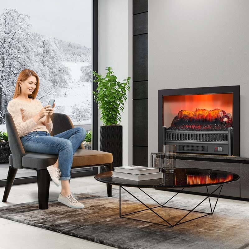 23" Freestanding Electric Fireplace Log Heater, 1400W Electric Stove Insert with Realistic Flame & Remote Control