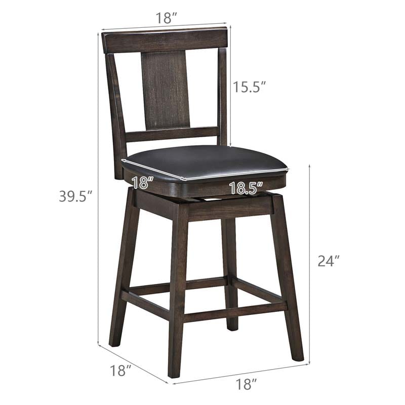24"/29" Classic Wooden Swivel Bar Stool Leather Padded Bar Height Chair with Slat Back & Rubber Wood Legs