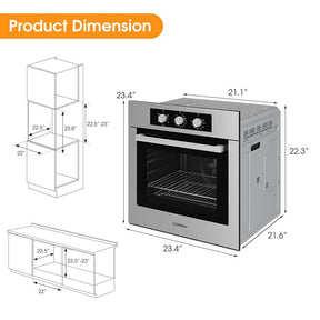 24" Single Wall Oven 2.47 Cu. Ft. 2300W Electric Built-in Oven with 5 Cooking Modes, Mechanical Knobs