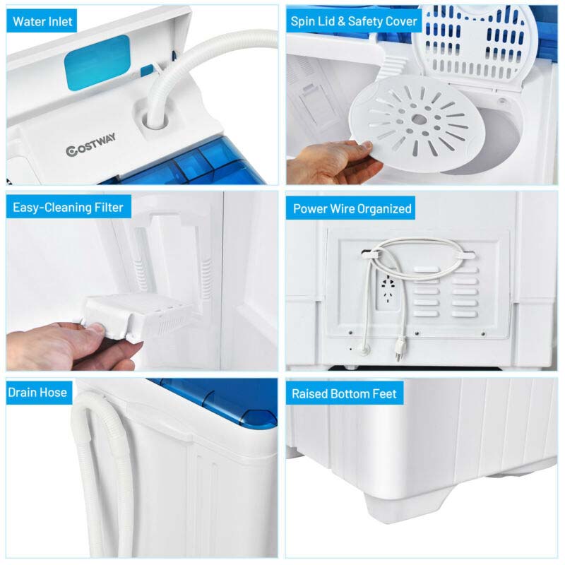 LDAILY Portable Washing Machine, 26 lbs Capacity Twin Tub Washer and Spin  Dryer, Semi-automatic Laundry Washer with Built-in Drain Pump, Portable