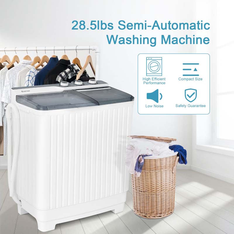 Costway 26lbs Portable Semi-automatic Washing Machine W/Built-in Drain Pump  Grey 