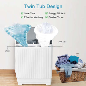 28.5 LBS Portable Washing Machine Built-in Drain Pump, 2-in-1 Twin Tub Top Load Washer Dryer Combo for RV Dorm