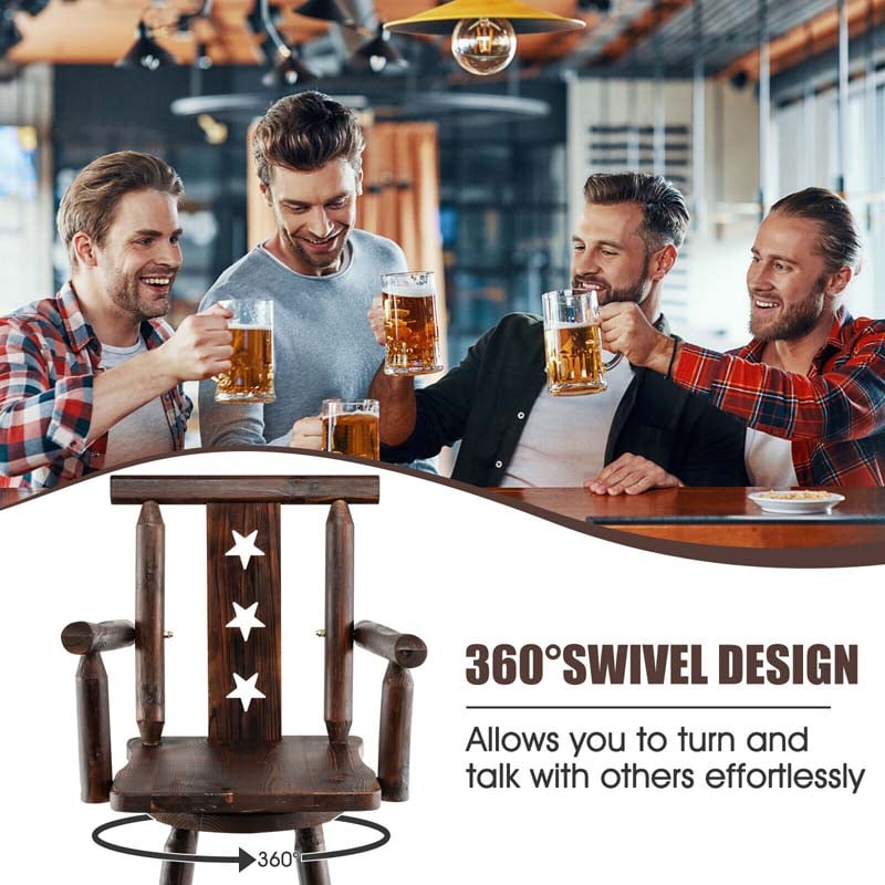 29" Rustic Swivel Bar Stool with Decorative Star Backrest, Solid Fir Wood Bar Chair for Dining Room Kitchen Pub