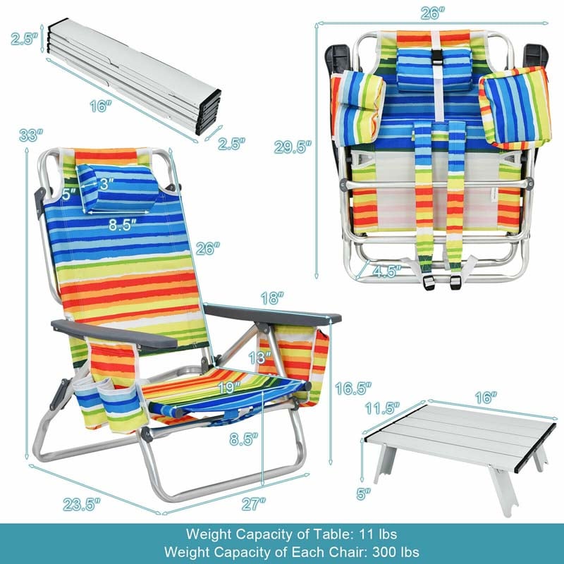 2 Pack 5-Position Outdoor Folding Backpack Beach Chair & Table Set, Patio Lawn Camping Chair Beach Sling Chair