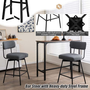 2 Pcs 360° Swivel Bar Stools 25" Upholstered Bar Height Dining Chairs with Back, Metal Legs & Footrests
