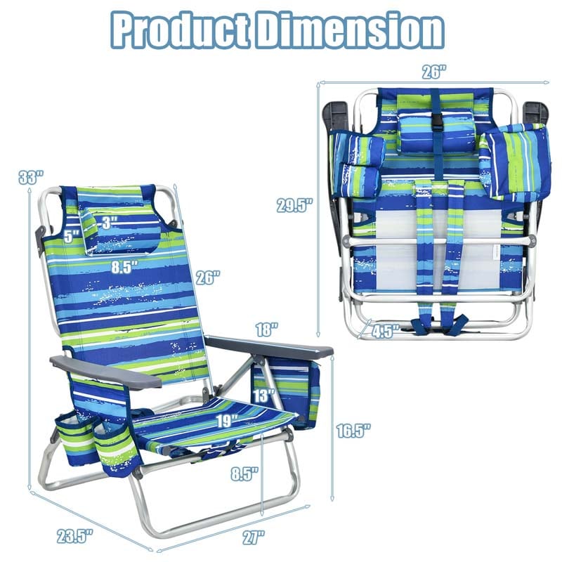 2-Pack Folding Beach Chair, Backpack Lawn Chairs, Sling Camping Chair, Patio Reclining Chairs with 5 Adjustable Position, Head Pillow