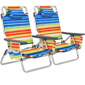 2-Pack Folding Beach Chair, Backpack Lawn Chairs, Sling Camping Chair, Patio Reclining Chairs with 5 Adjustable Position, Head Pillow