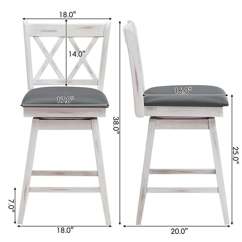 2 Pcs 25" Swivel Bar Stools with Back & Rubber Wood Legs, Upholstered Counter Height Bar Chairs for Pub