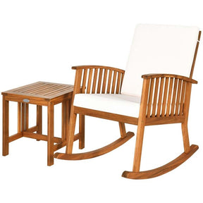 2 Pcs Acacia Wood Patio Rocking Chair Table Set with Thick Cushion, Outdoor Bistro Set Porch Rocker