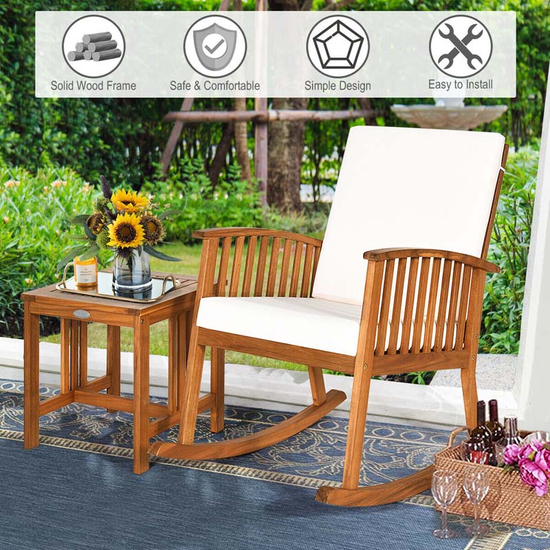 2 Pcs Acacia Wood Patio Rocking Chair Table Set with Thick Cushion, Outdoor Bistro Set Porch Rocker