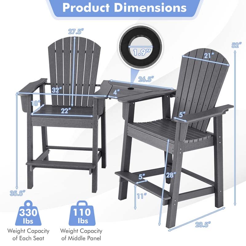 Set of 2 Tall Adirondack Chair, HDPE Adirondack Barstools with Middle Connecting Tray & Umbrella Hole