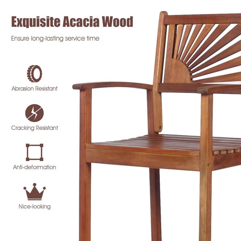2-Pack Acacia Wood Bar Stools Outdoor Patio Bar Chairs with Sunflower Backrest & Curved Armrests