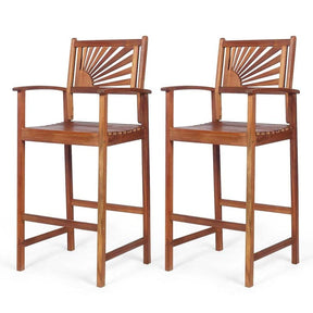 2-Pack Acacia Wood Bar Stools Outdoor Patio Bar Chairs with Sunflower Backrest & Curved Armrests