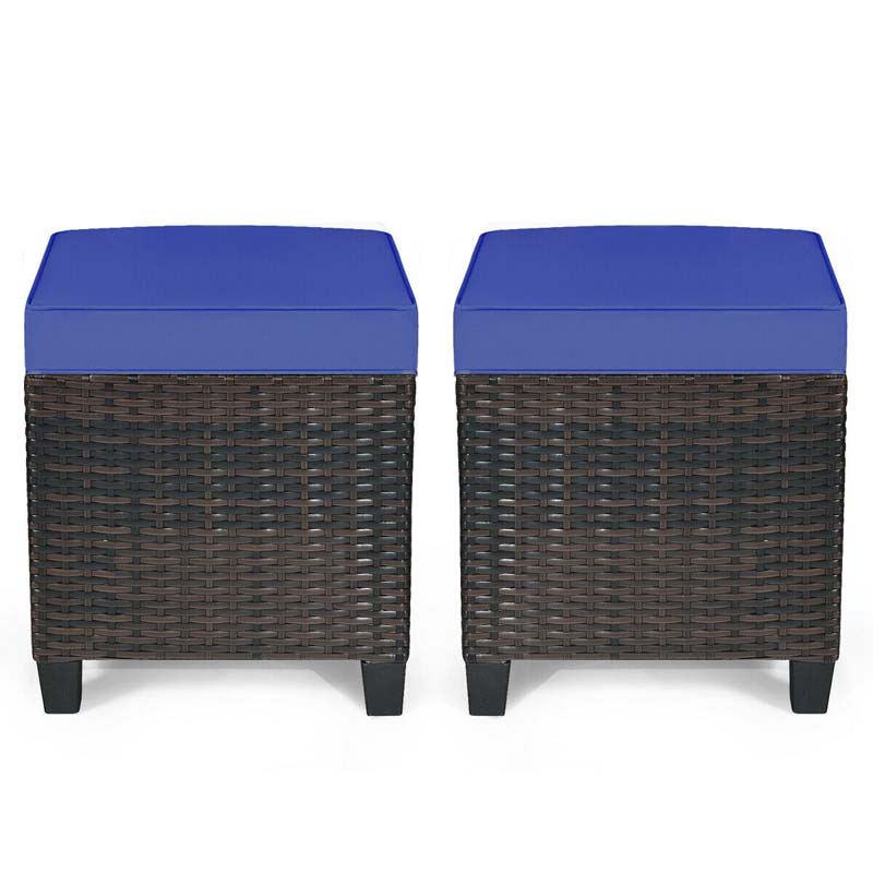 2 Pcs Rattan Patio Ottoman Set with Removable Cushions, All Weather Wicker Outdoor Footstool Footrest Seat