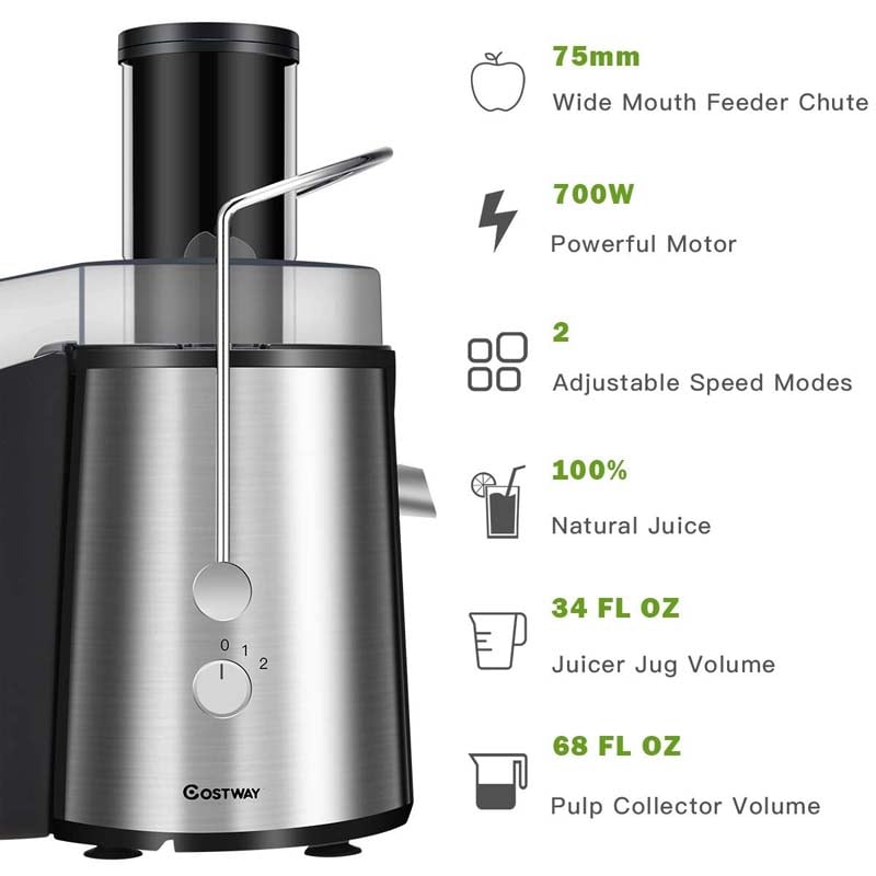Centrifugal Juicer, 700W Masticating Juicer Extractor, Stainless Steel Juicer Machines with 75mm Wide Mouth, 2 Speed Modes