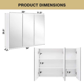 Large Mirrored Medicine Cabinet with 3 Mirror Doors, Bathroom Wall Mounted Storage Cabinet w/Adjustable Shelf
