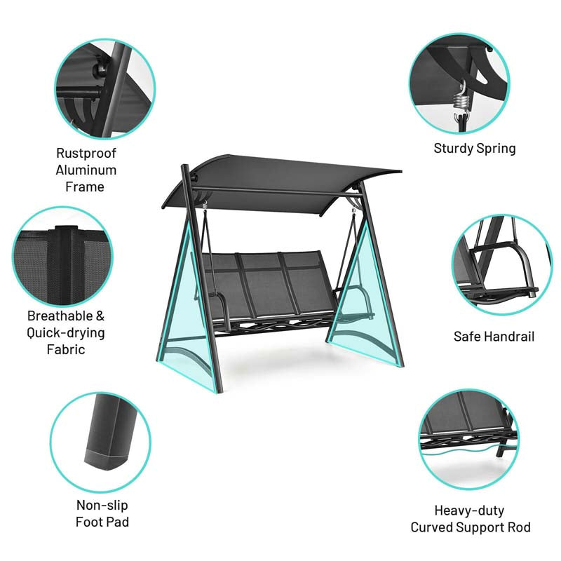 3-Person Anti-rust Aluminum Outdoor Patio Porch Swing Chair Bench Glider with Adjustable Canopy