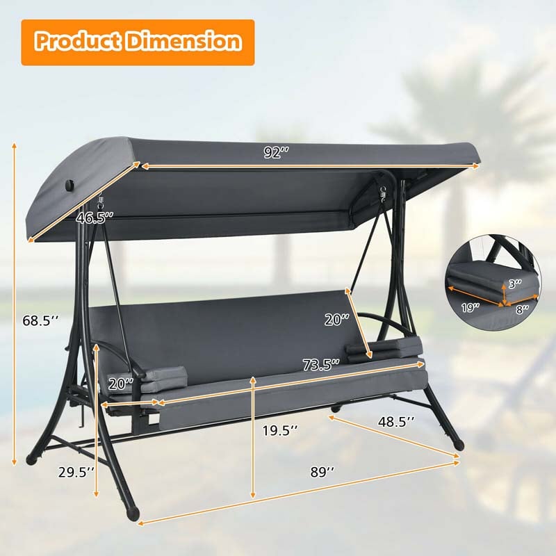 2-in-1 Convertible Metal Porch Swing Chair Bench Glider, 3-Seater Outdoor Patio Swing with Adjustable Tilt Canopy