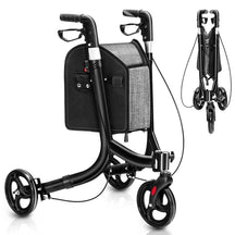 3-Wheel Folding Rollator Walker with Shopping Bag, Lightweight Aluminum Mobility Walking Aid