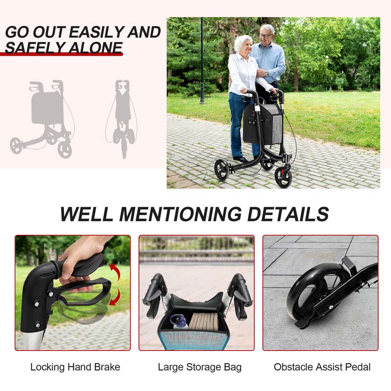 3-Wheel Folding Rollator Walker with Shopping Bag, Lightweight Aluminum Mobility Walking Aid