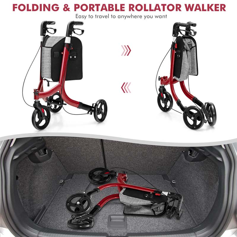 3-Wheel Folding Rollator Walker with Shopping Bag, Lightweight Aluminum Mobility Walking Aid