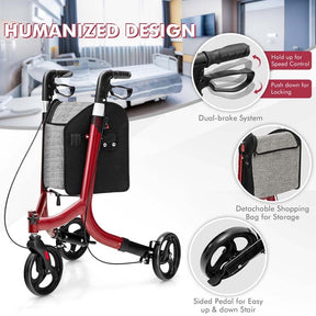 3-Wheel Folding Rollator Walker with Shopping Bag, Lightweight Aluminum Mobility Walking Aid