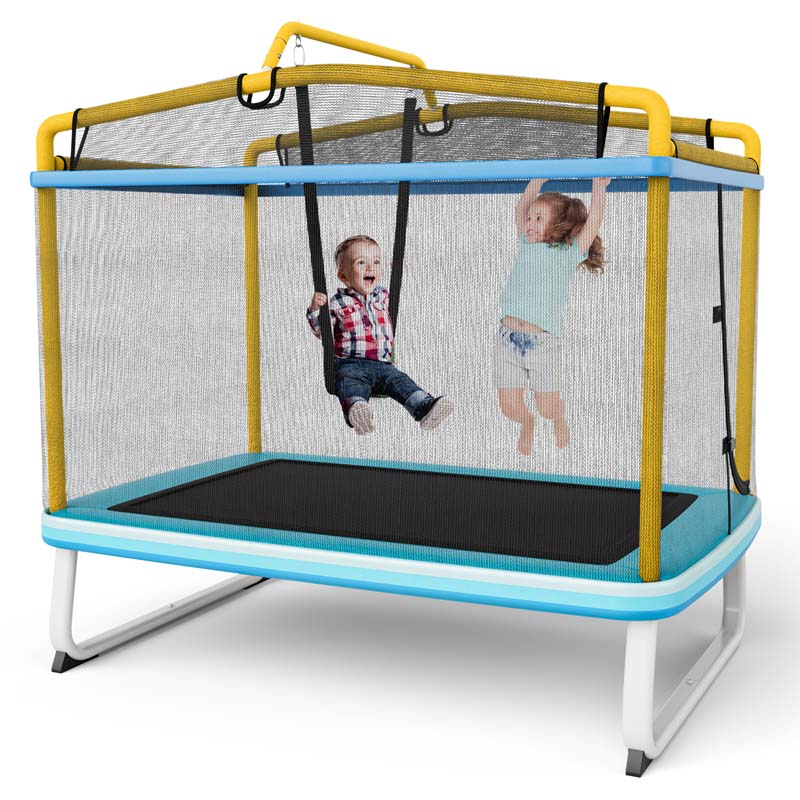 3-in-1 6Ft Rectangle Kids Trampoline with Swing & Horizontal Bar, ASTM Approved Small Trampoline w/Safety Net