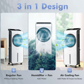 Portable Evaporative Air Cooler, 3-in-1 Swamp Cooler with Fan & Humidifier, 360° Rotating Fan Blade, 12H Timer