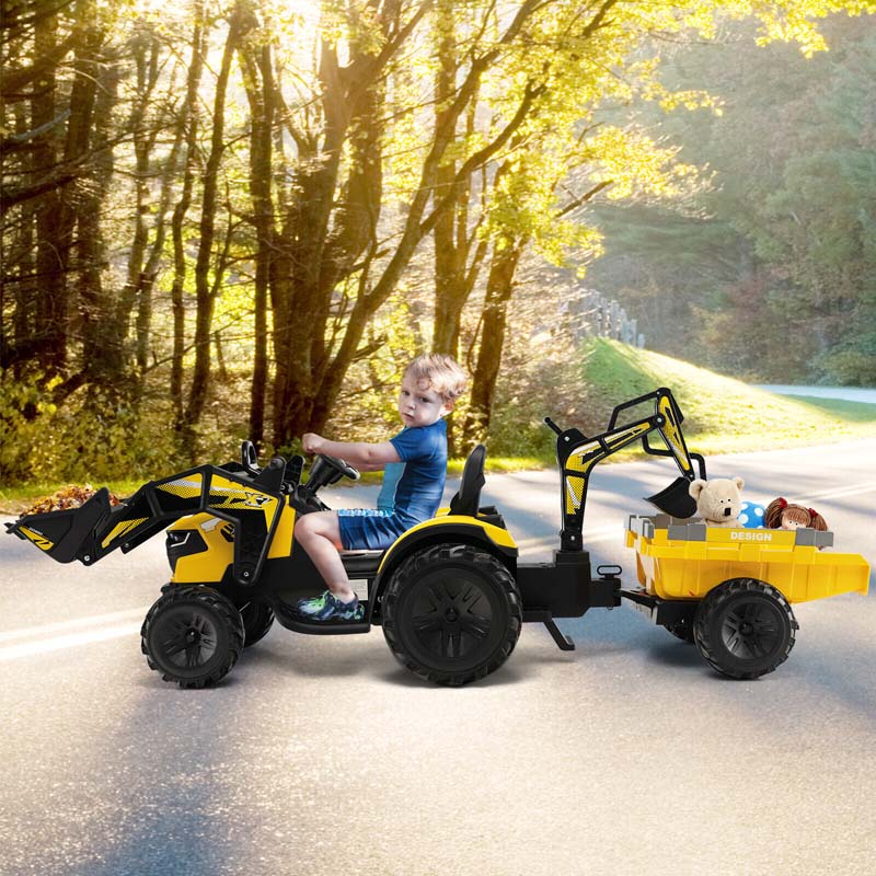 3-in-1 Kids Ride on Tractor Excavator Bulldozer, 12V Battery Powered RC Construction Vehicle with Trailer