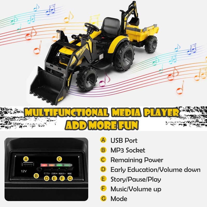 Canada Only - 3-in-1 12V Kids Ride on Tractor Excavator Bulldozer with Trailer