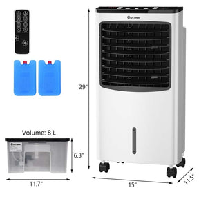 3-in-1 Portable Evaporative Cooler Fan Humidifier with Remote Control, 3 Wind Speeds, 7.5H Timer, 8L Water Tank