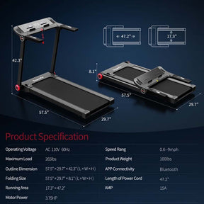 3.75 HP Folding Treadmill Heavy Duty Running Machine with APP Control & No Assembly