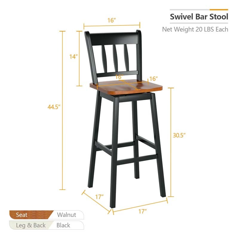 2 Pcs 30.5" Rubber Wood Vintage Bar Chairs 360 Degree Swivel Bar Stools with Back & Footrest