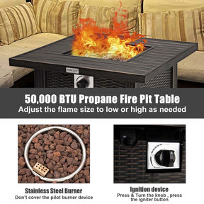 30" Square Propane Fire Pit Table, 50000 BTU Outdoor Gas Fire Table with Lava Rocks & Cover