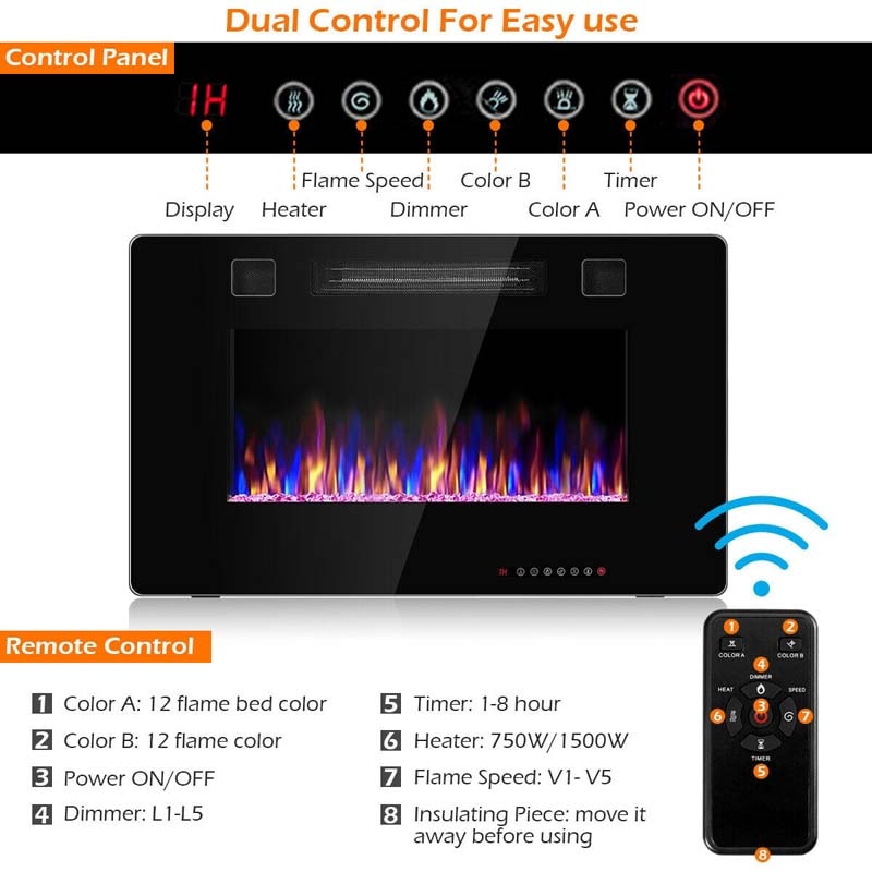 30" Ultra-Thin Electric Fireplace Insert, 1500W Recessed & Wall-mounted Fireplace Heater with 12 Flame Colors