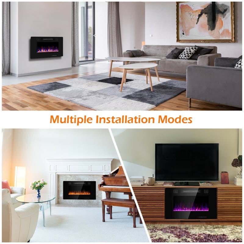 30" Ultra-Thin Electric Fireplace Insert, 1500W Recessed & Wall-mounted Fireplace Heater with 12 Flame Colors